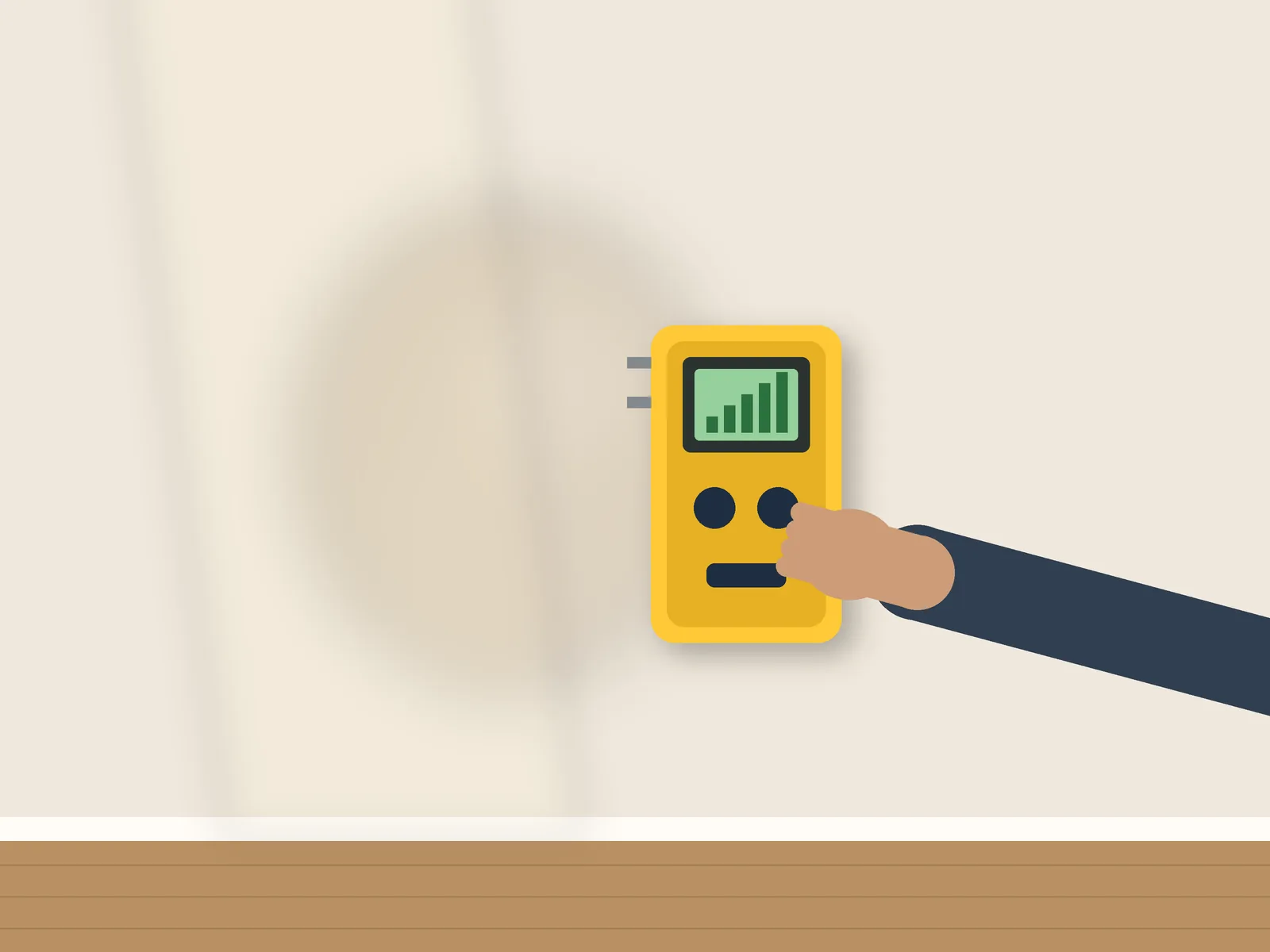 Moisture meter held against a damp patch on a drywall wall