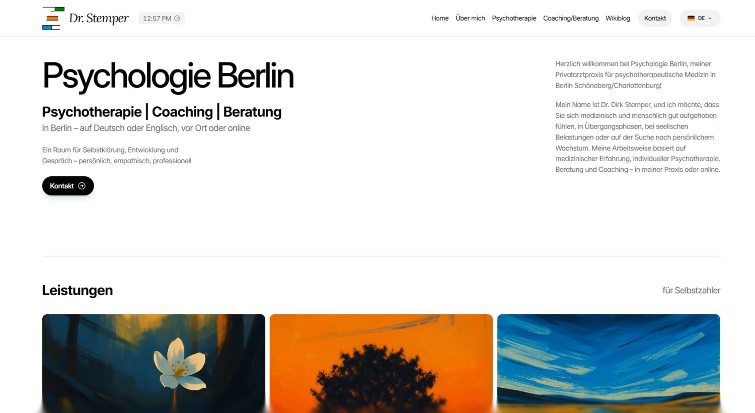 Screenshot: Startseite der Website von Dr. Stemper – „Psychologie Berlin“, Psychotherapie, Coaching und Beratung auf Deutsch oder Englisch, Kontakt-Button und Leistungen für Selbstzahler
