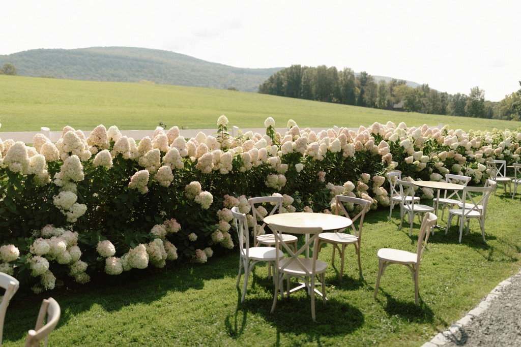 Outdoor wedding cocktail area with white bistro tables beside blooming hydrangea bushes and green rolling hills in the distance