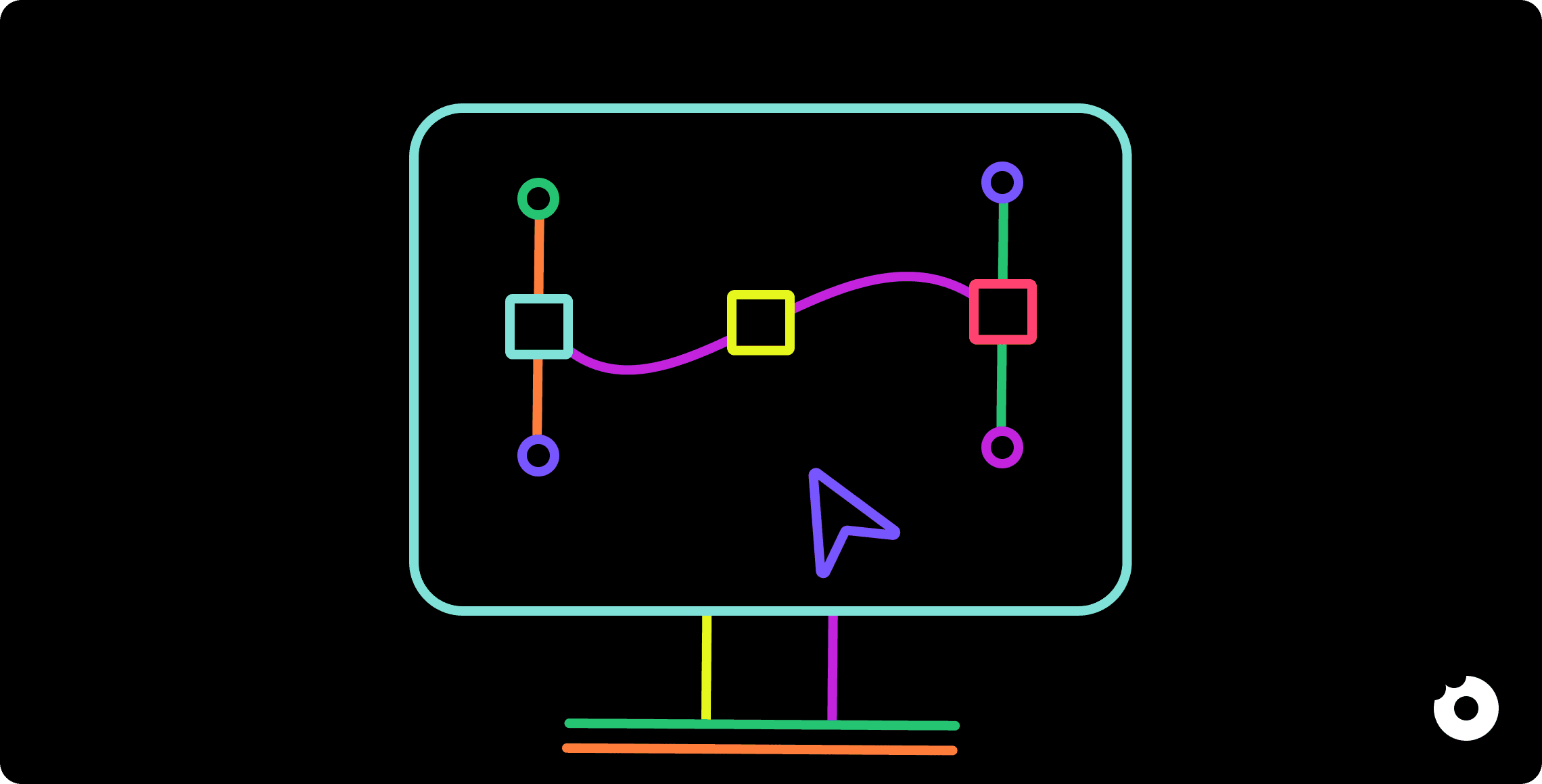 Abstract interface screen showing connected nodes and adjustable sliders representing user flow editing and interaction design on a dark background
