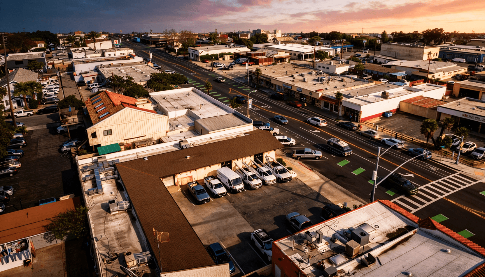 High aerial view of a single-story commercial building with a brown roof and a secured rear parking yard filled with service vehicles, situated on a corner lot at a busy urban intersection with a multi-lane arterial road and surrounding retail storefronts visible.