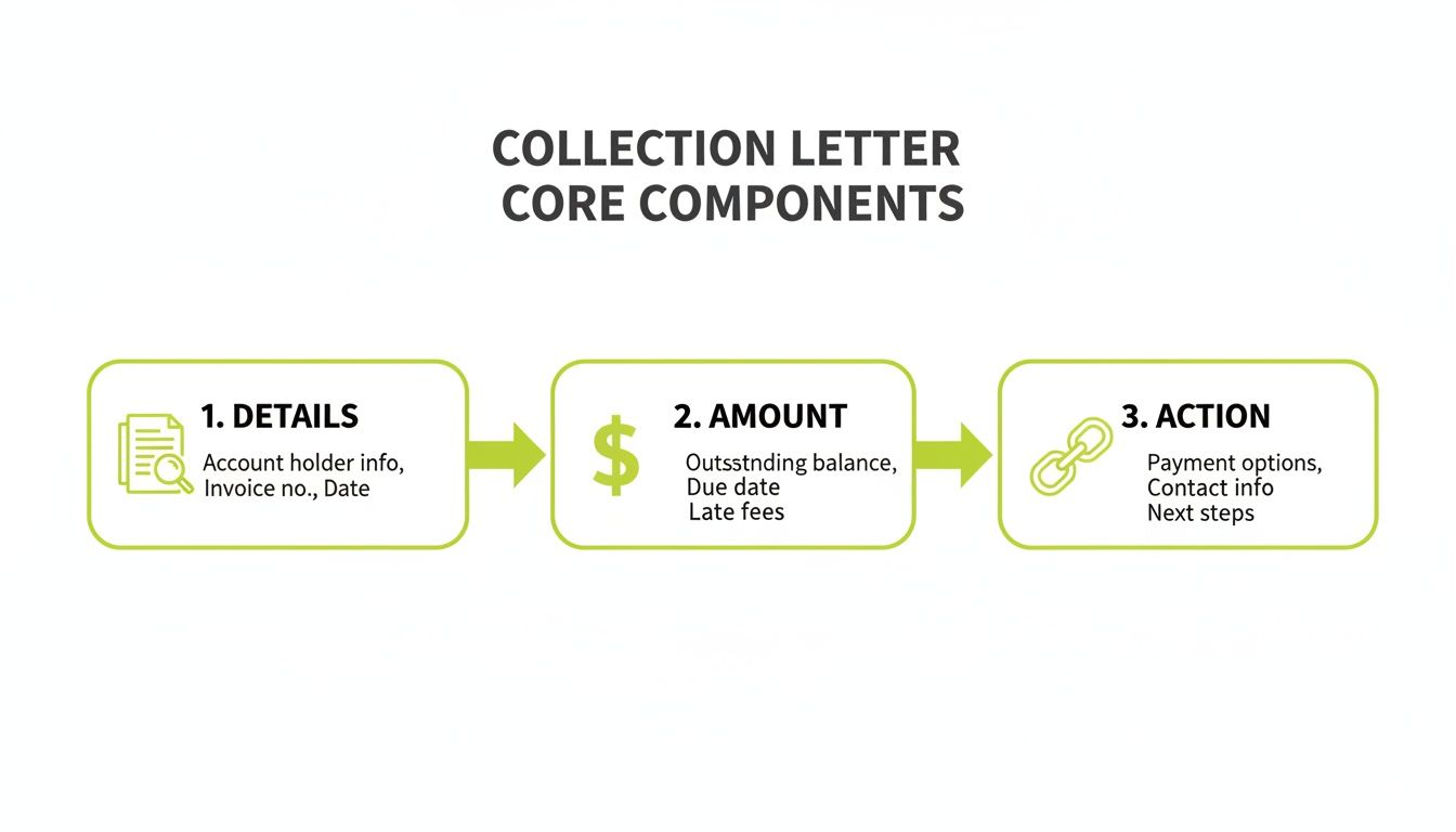 A stylized diagram showing the core components of a collection letter, broken down into key details, amounts, and actions, emphasizing clarity and ease of use.
