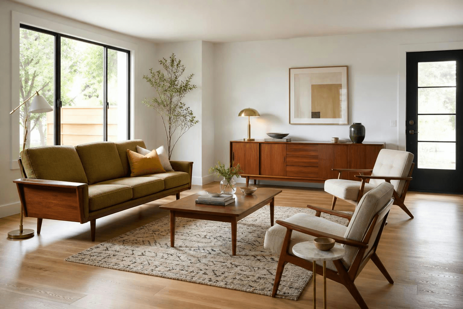 Living room with olive green sofa, two cream chairs, wooden coffee table, sideboard, large window, patterned rug, and potted plant.