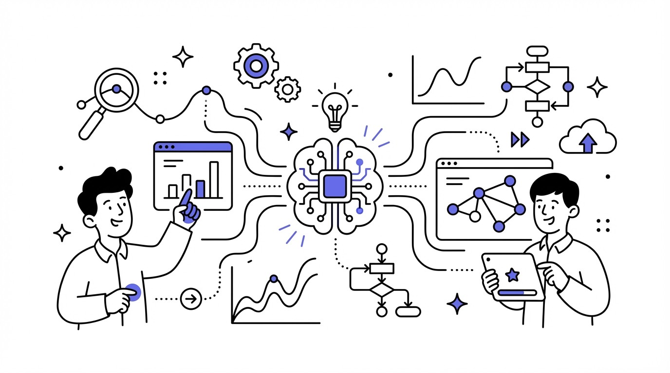 An illustration showing a glowing, abstract artificial intelligence core at the center, surrounded by vibrant, flowing streams of data in blue, purple, and teal. The data streams are interconnected with nodes and geometric patterns, symbolizing complex analytical processing. The background is dark and futuristic.