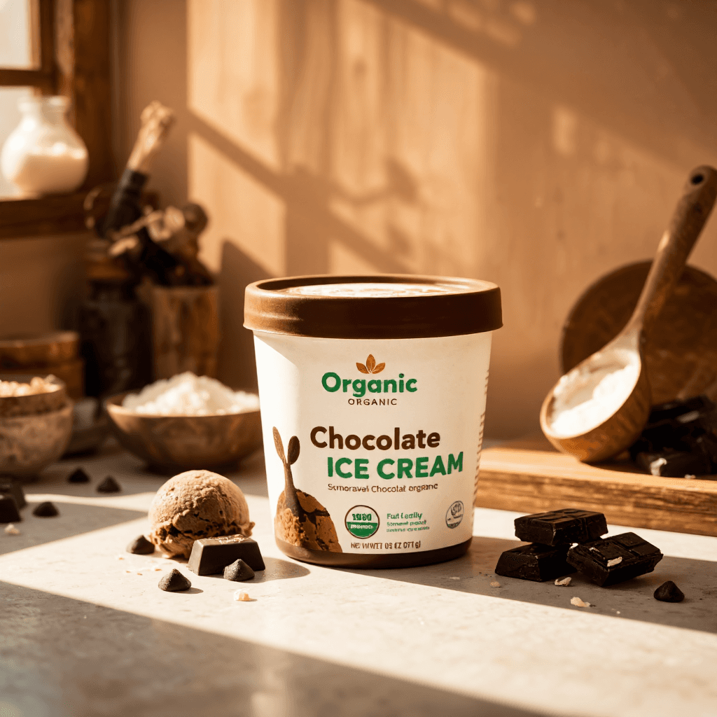 product photography of a container of organic chocolate ice cream