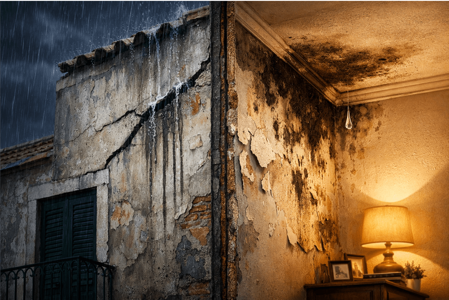 Infiltrações no interior de edifício com humidade e pintura a descascar