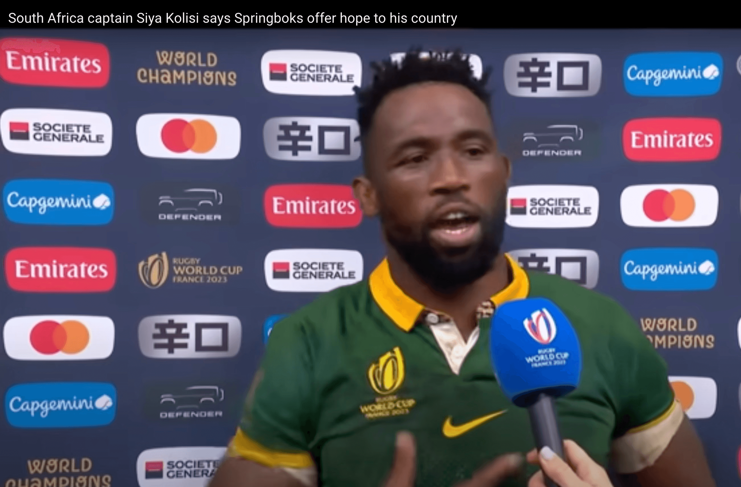 Siya Kolisi being interviewed after the Rugby World Cup final win.