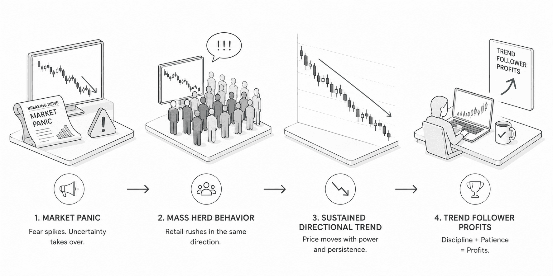 Flowchart-style illustration showing how trend-following markets develop: market panic triggers mass herd behavior, which creates a sustained directional price trend that disciplined trend followers can capitalize on. Each stage is represented with minimalist grayscale line art, connected by arrows, with subtle teal accents highlighting the trend and final profit outcome.