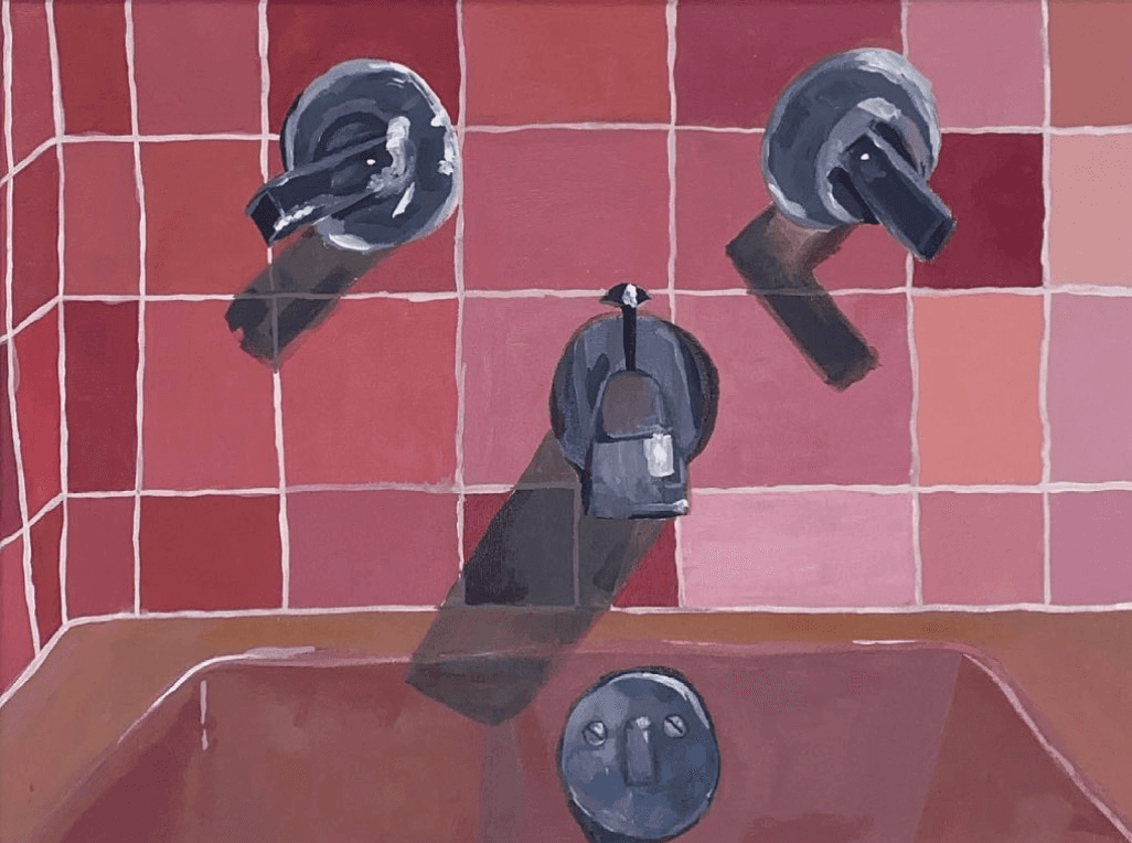 Painting of a pink tiled bathroom with black fixtures
