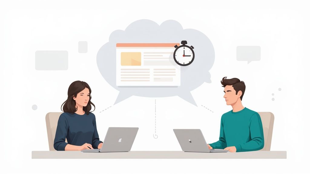 Illustration of two colleagues collaborating on laptops, discussing web content and time management.