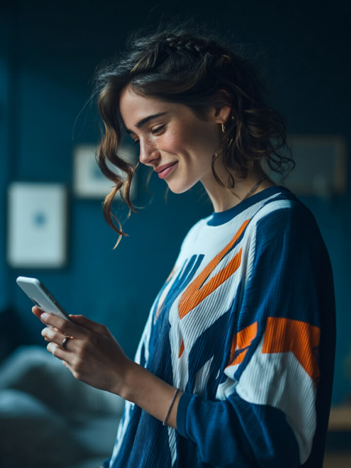 Happy woman looking on her smartphone, which depicts a personalized Viber message
