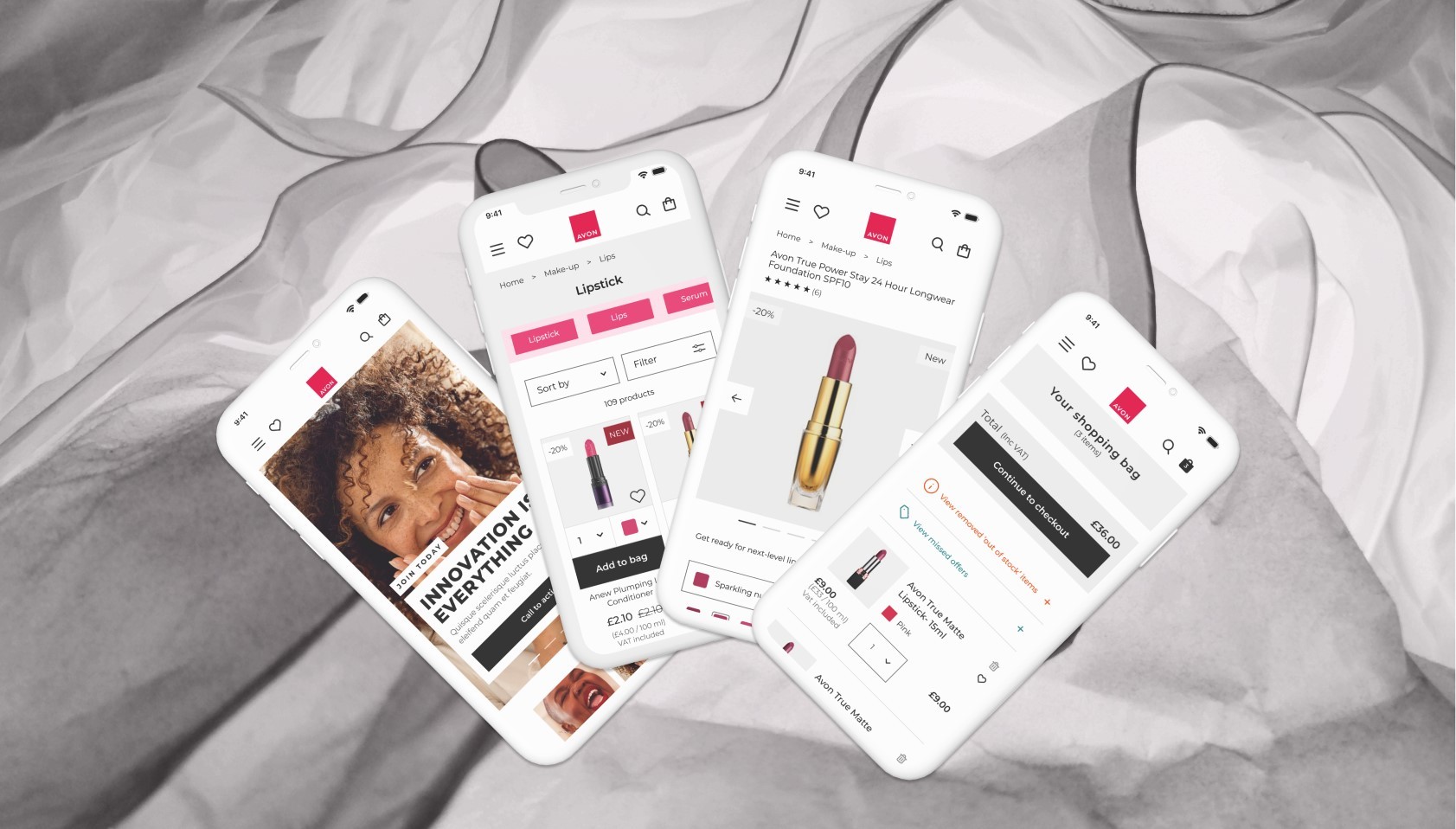 Avon eCommerce website displayed on multiple mobile devices.