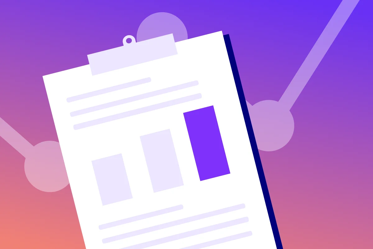 A clipboard with a document featuring graphs and data visualizations on a gradient background.