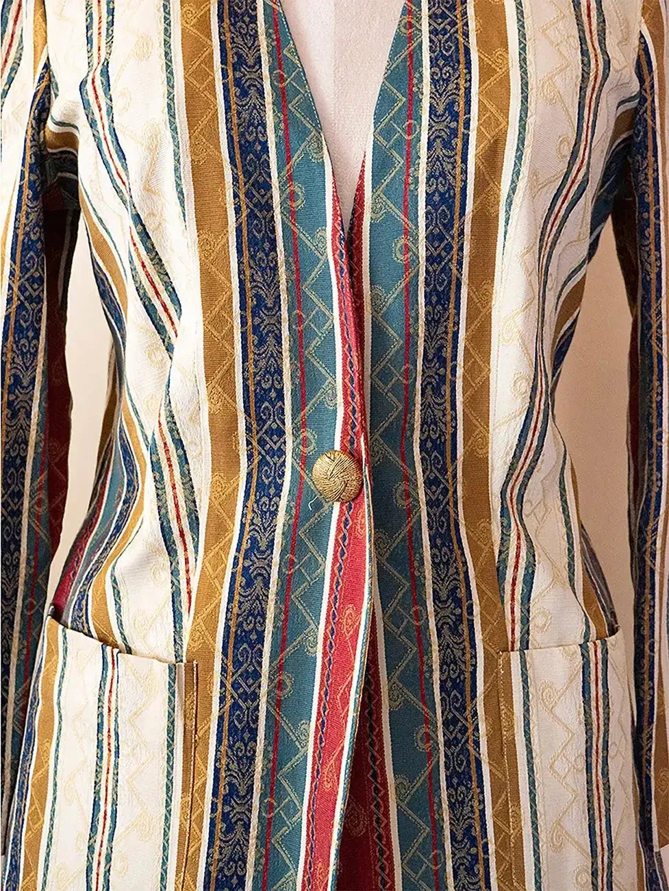 Vintage printed pinstripe long blazer featuring a tailored silhouette and structured fit, thrifted from global vintage collections.