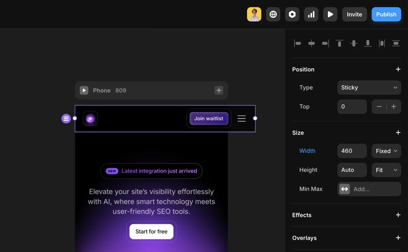 Framer 모바일 페이지 내의 요소가 460px의 고정 폭으로 지정되어 있어, 전체 페이지를 꽉 채우지 못하는 문제를 설명합니다.