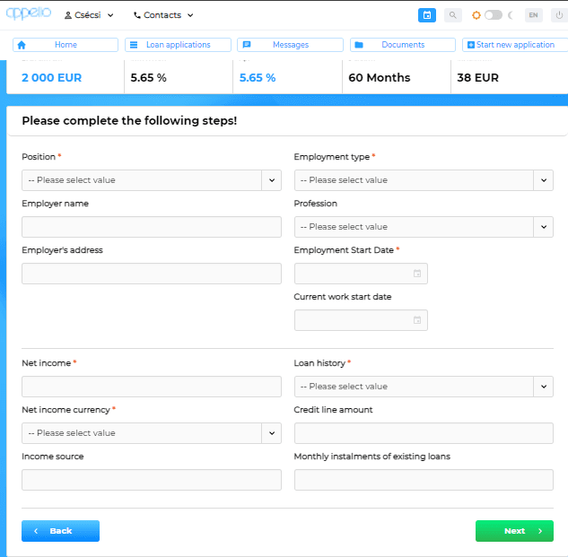 Screenshot of the Appello system, showing different currencies, percentages, and a form about employment.