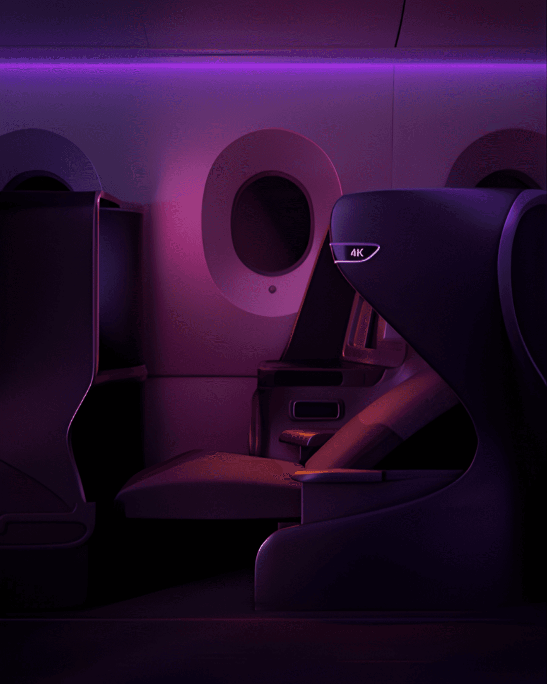 A luxury airplane pod seat illuminated by atmospheric purple and pink neon ambient lighting