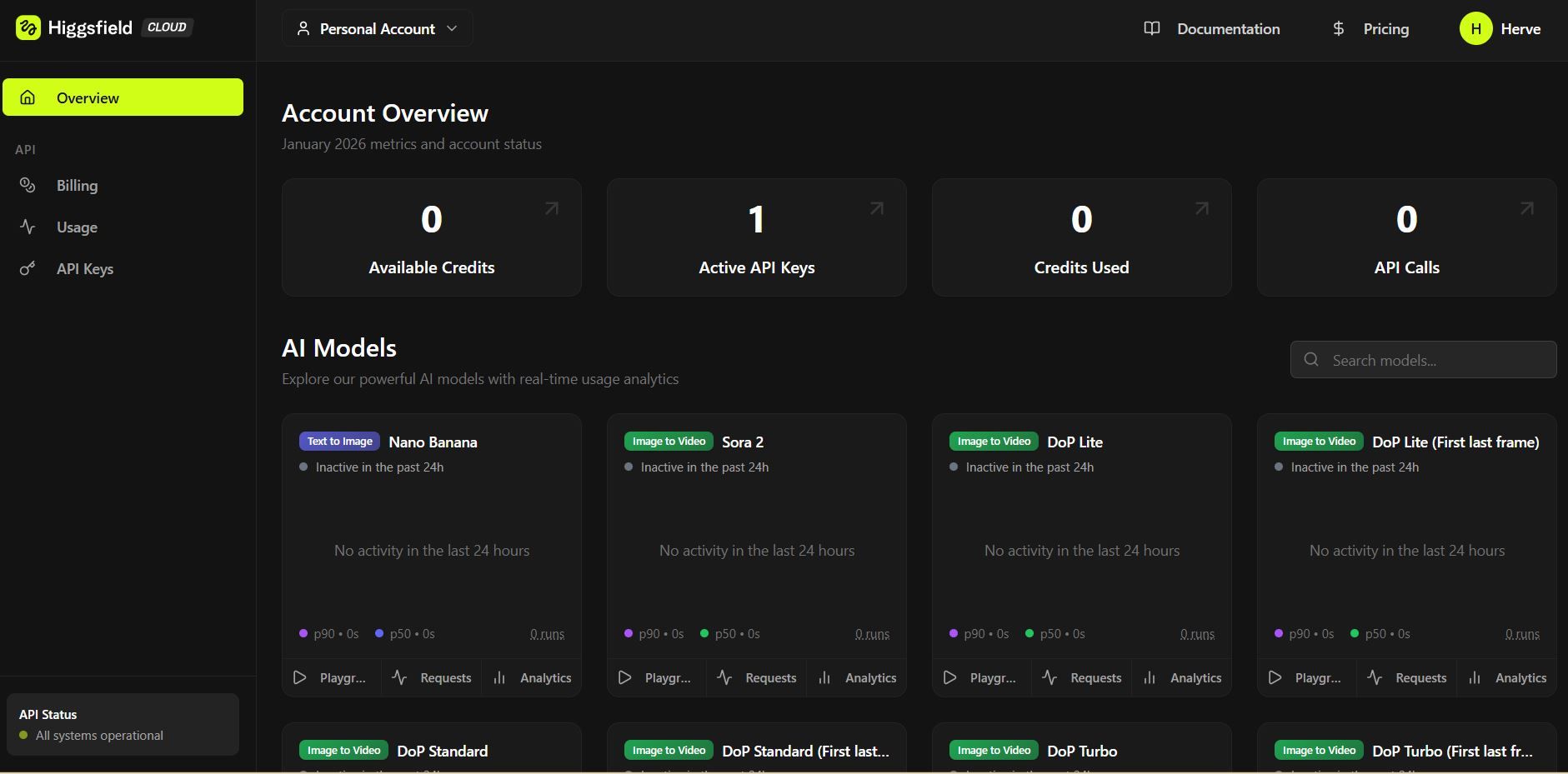 Higgsfield dashboard showing API keys, credits, usage, and available AI models