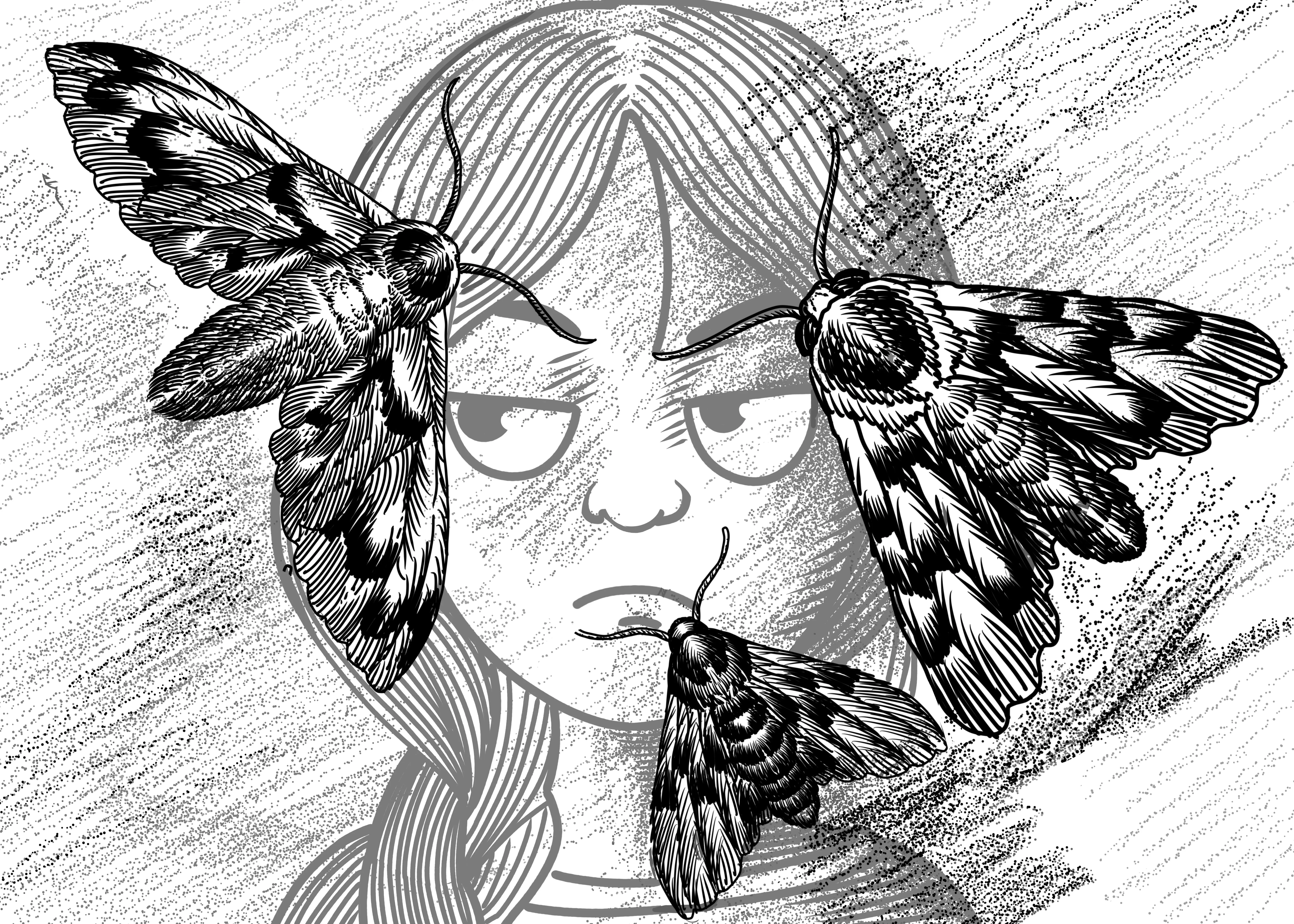 Book illustration of moths infront of a girl's face