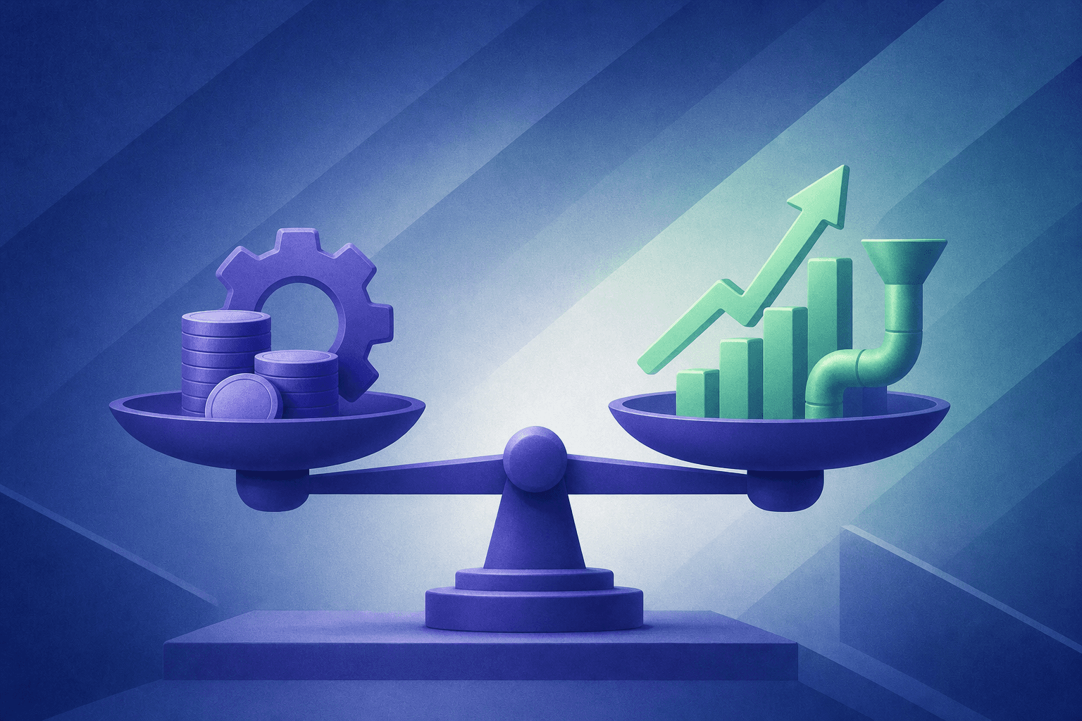 A clean, modern business dashboard concept showing two balanced scales, one side representing cost and investment with coins and gears, the other side showing upward growth charts and pipeline arrows in green. Abstract financial metrics visualization with a dark blue and teal color scheme, minimalist flat design style, no text or labels anywhere in the image.