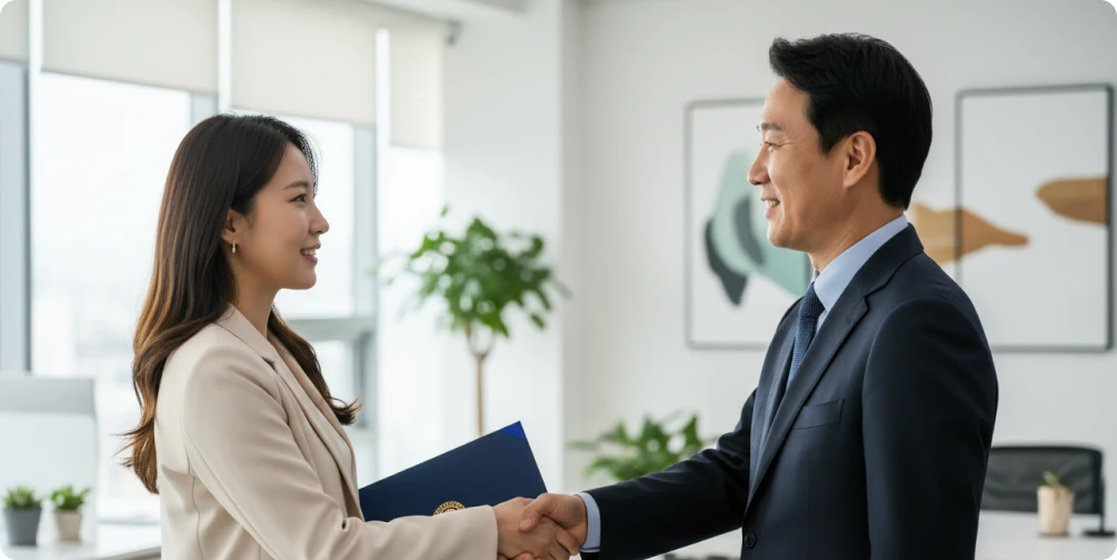 장기근속 선물로 장기근속을 축하하는 기업 CEO와 직원의 모습