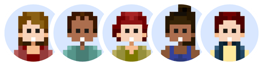 Pixel profile pictures of five people, each framed in circular borders.