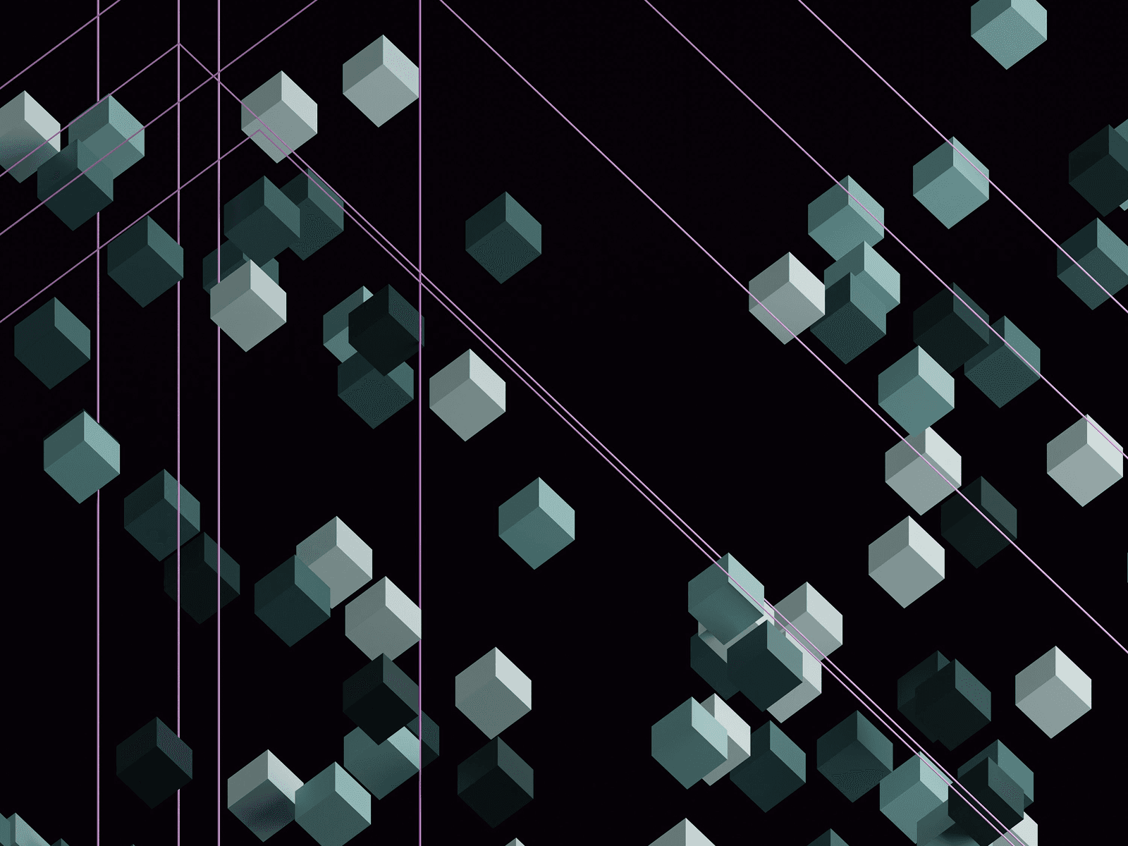 Floating gray and teal cubes with purple grid lines