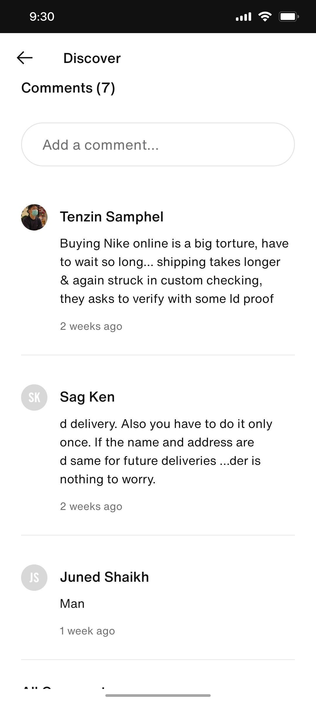 Nike App Discover Comment Screen