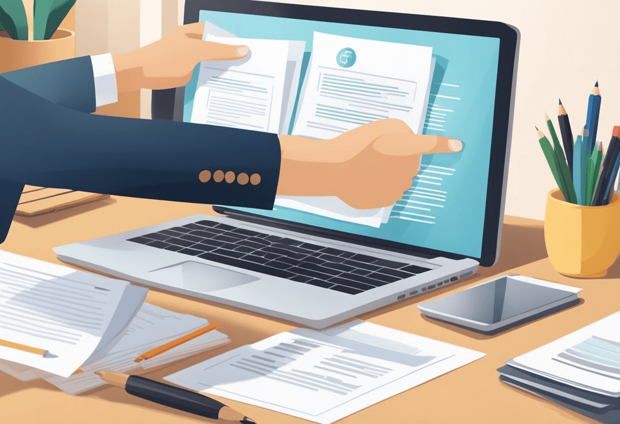 An HR professional extends a job offer letter with a handshake, while a stack of resumes and a laptop sit on the desk