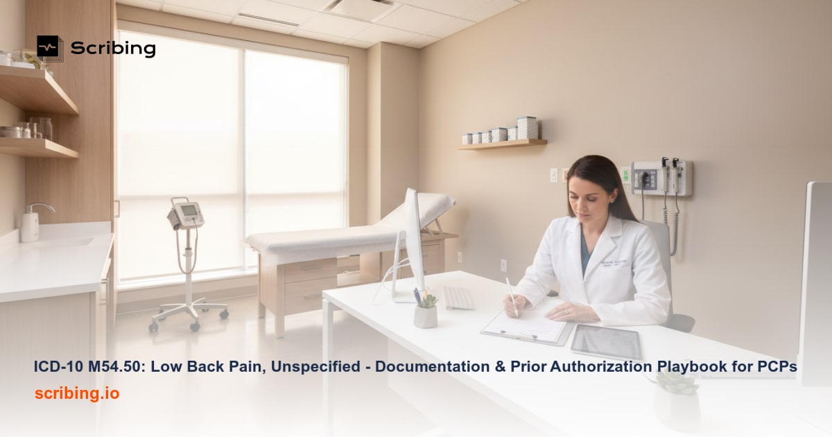 Medical office desk with spine model and laptop showing clinical documentation for ICD-10 M54.50 low back pain coding and prior authorization