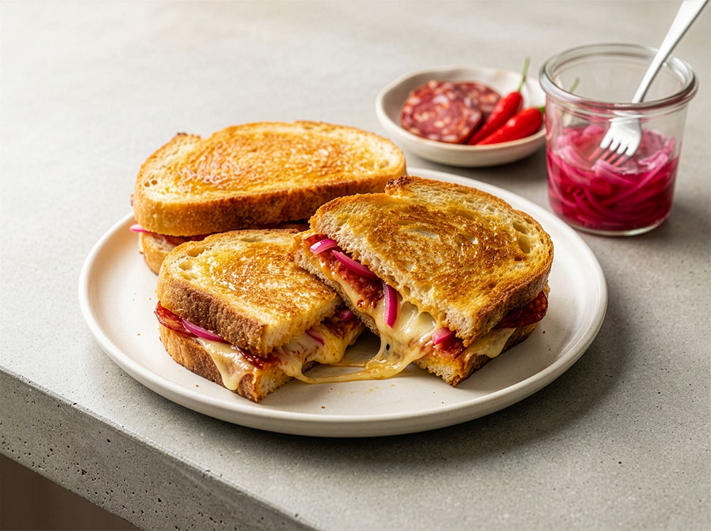 A delicious, and somewhat spicy, Porcellino diablo salami grilled cheese with pickled onion.