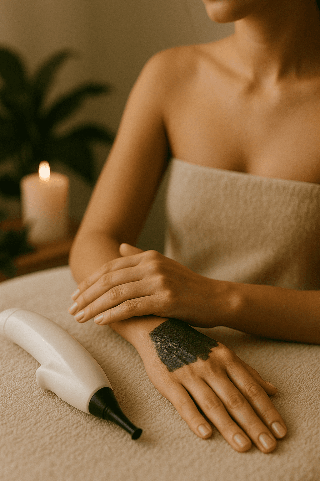 A woman lying down with a towel wrapped around her head, her face glowing with facial oil. She has a peaceful expression, enjoying a skincare treatment.