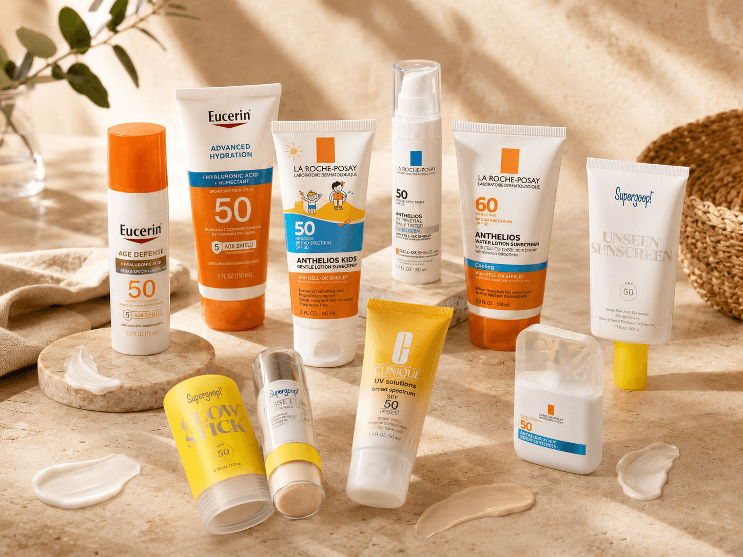Warm curated still life of sunscreen sprays, lotions, sticks, and mineral SPF products.