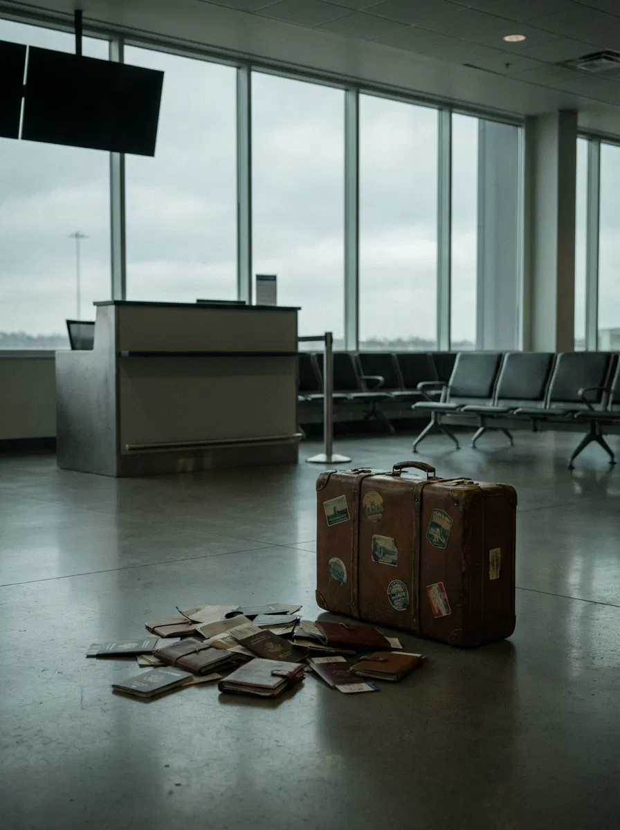 Suitcase and travel documents in a quiet, dimly lit airport terminal symbolizing a tragic journey.