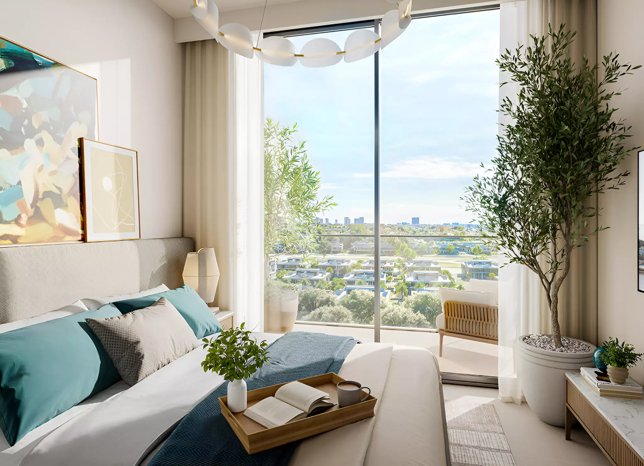 Bright and cozy bedroom with balcony views of villas and greenery at Vida Residences Club Point in Dubai Hills Estate