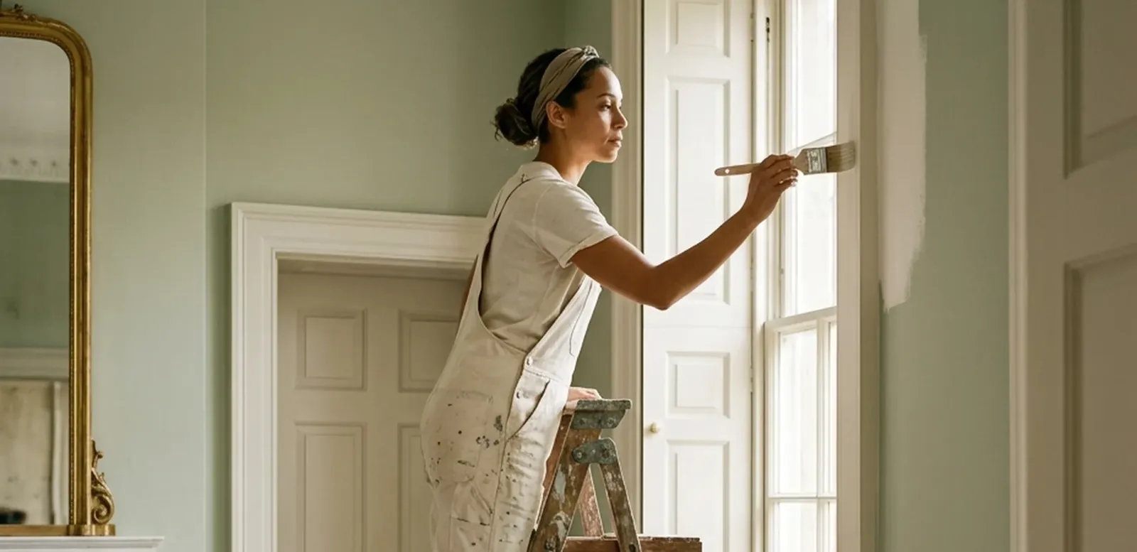 A decorator on a stepladder painting a tall sage green room
