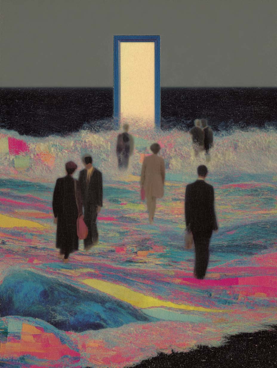 Conceptual digital art of people walking toward a glowing doorway, symbolizing transformation and progress.