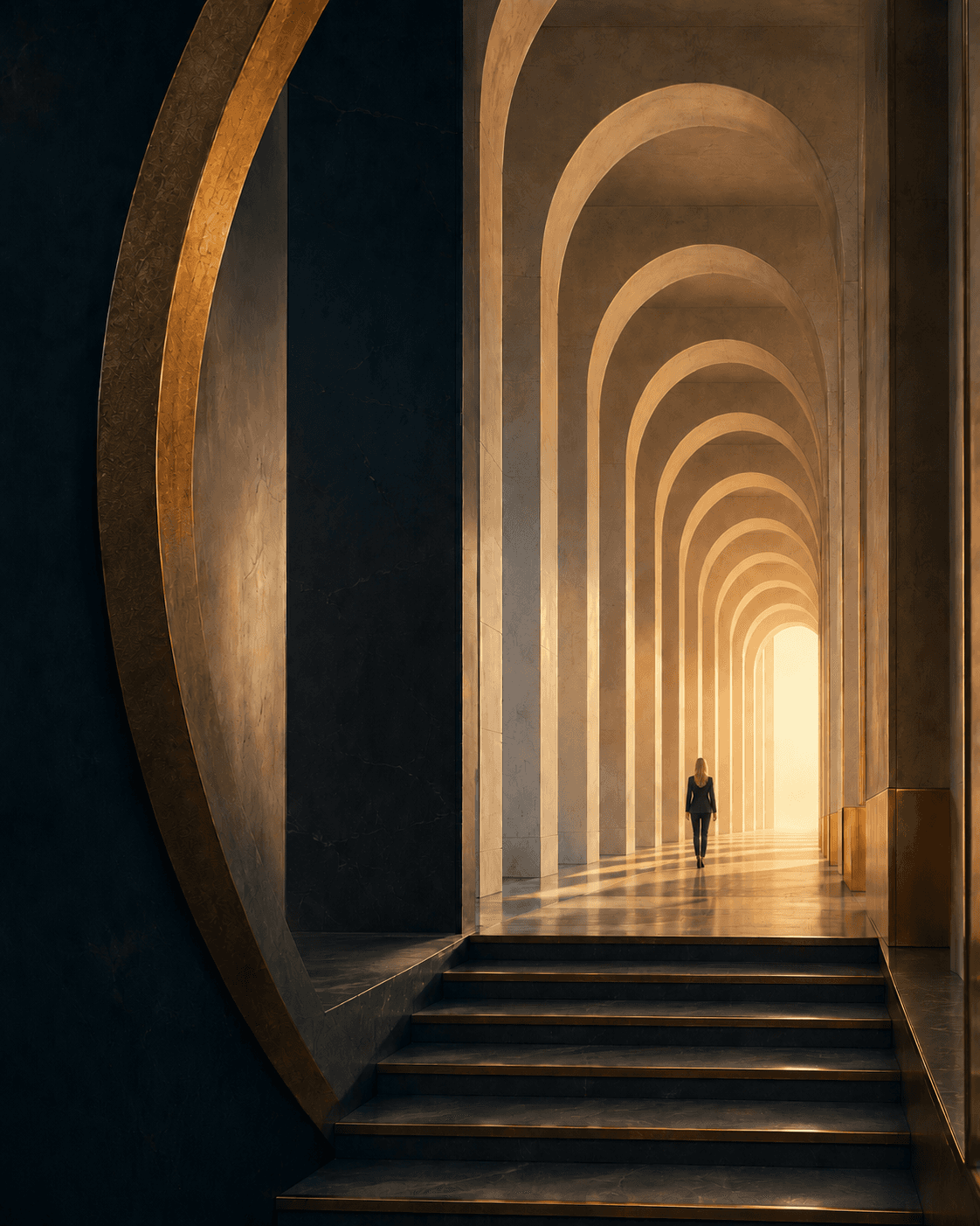 A distant woman walking through a long illuminated corridor of repeating arches.