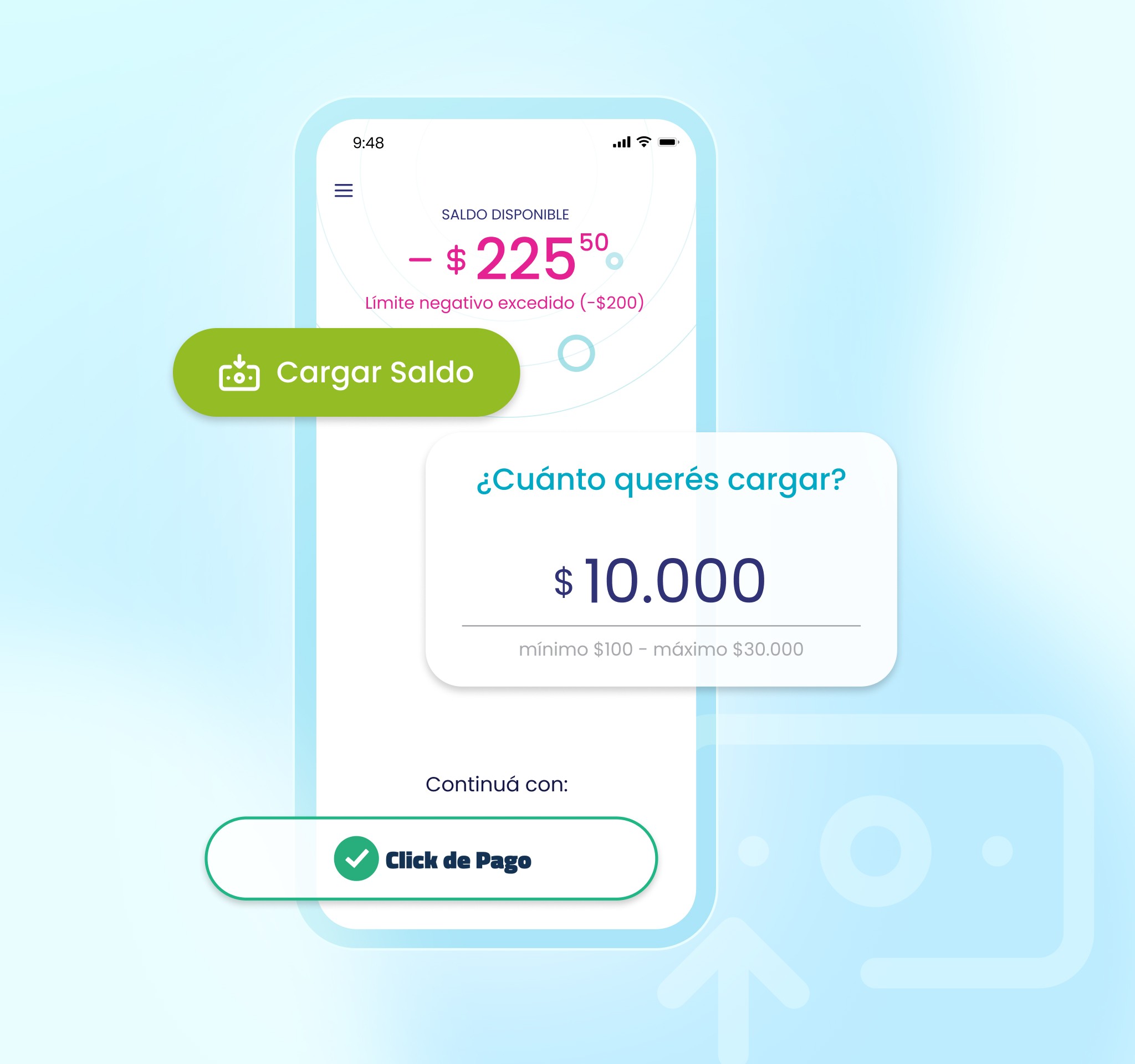 pantalla de carga de saldo de la aplicación con opción de pago como macro click de pago