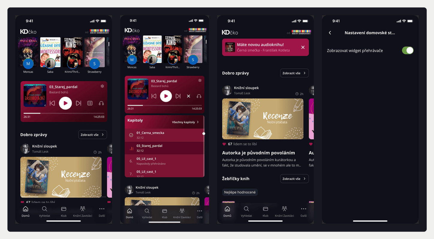 Widget přehrávače na domovské stránce: výchozí stav, rozbalené kapitoly, nová audiokniha a nastavení