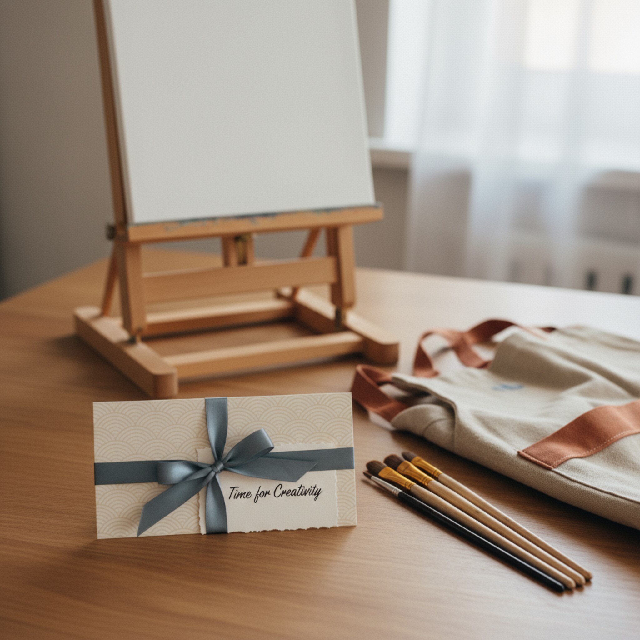 Ein hübsch verpackter Gutschein liegt neben einem Pinselset und einer gefalteten Schürze. Im Hintergrund steht eine Staffelei mit leerer Leinwand, bereit für das nächste Werk. Ein handgeschriebenes Kärtchen verspricht Kreativzeit. Das Arrangement wirkt wertig und eignet sich zum Verschenken.