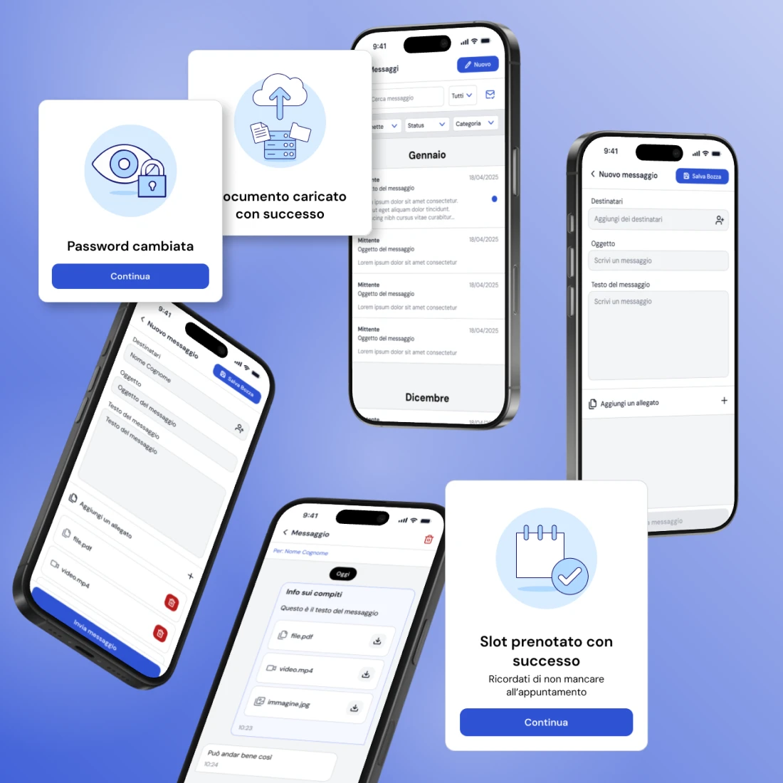 Mockup mobile della sezione 'Messaggi' dell'app