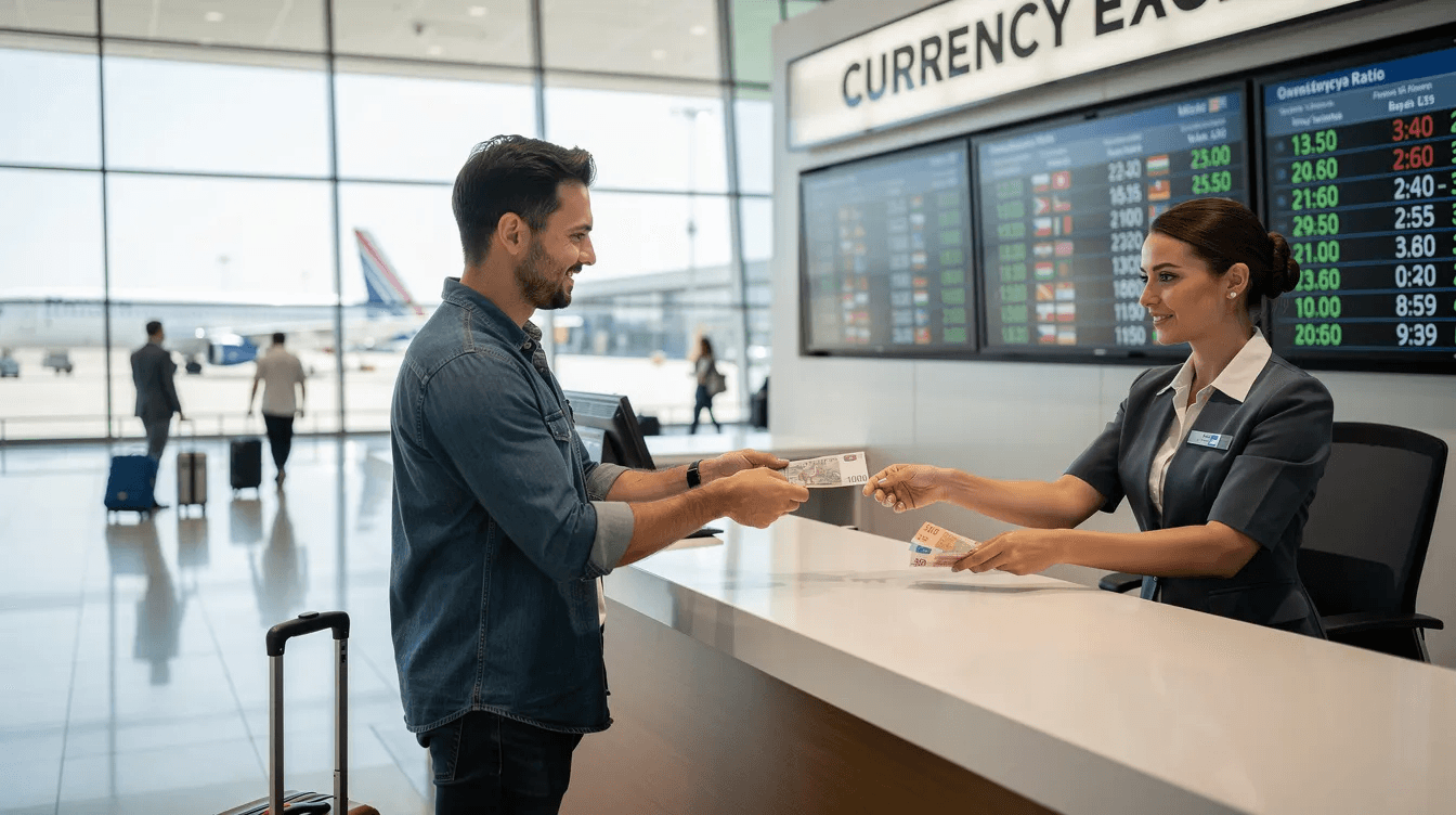 Two people at an airport currency exchange counter, highlighting the importance of understanding exchange rates for international payments.