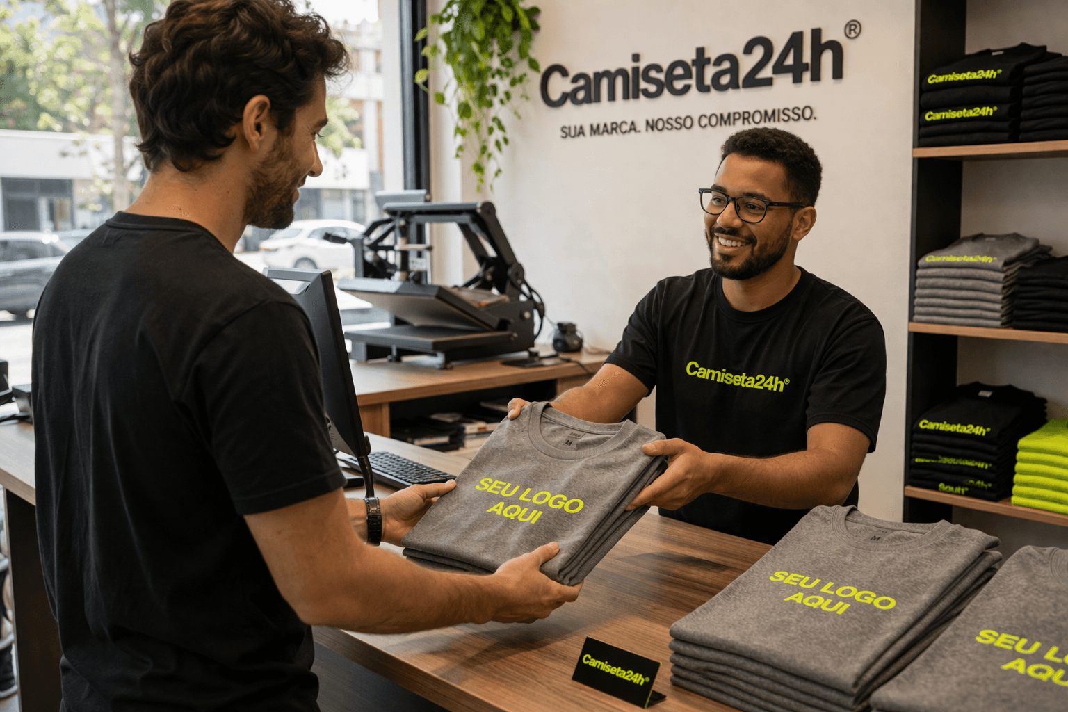 Cliente retirando camisetas personalizadas em loja com atendimento e produção visível