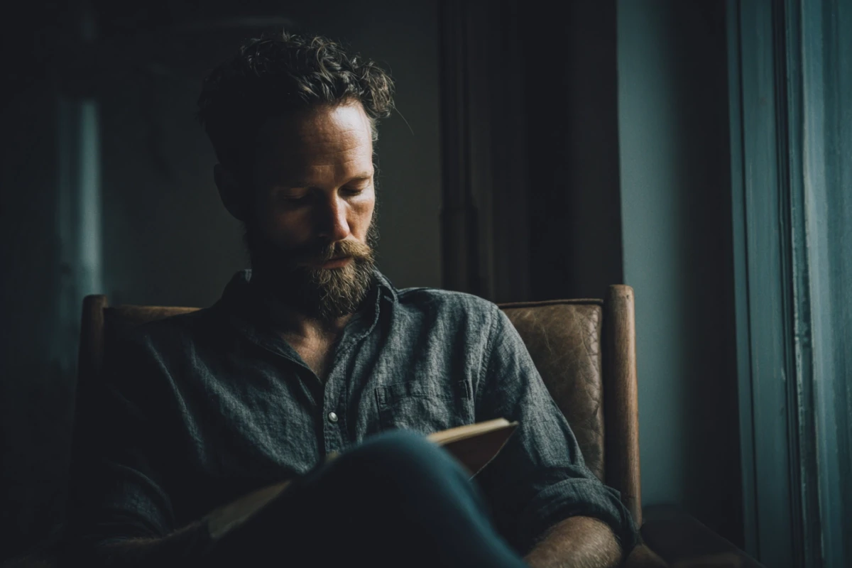 Man sitting alone in quiet room with notebook and focused expression