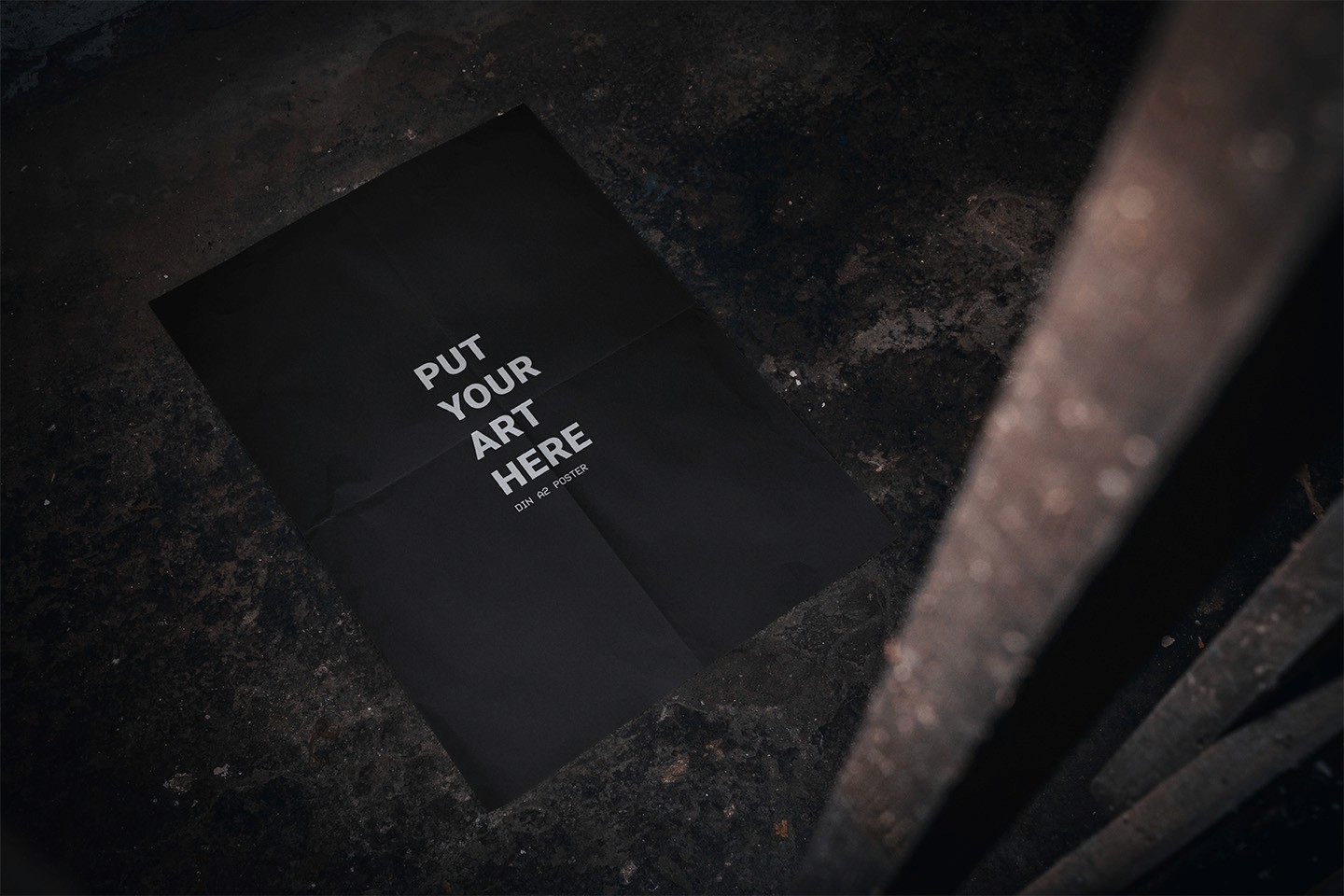 Basement A2 Poster Mockup featuring a black paper version with minimalist white centered text placement