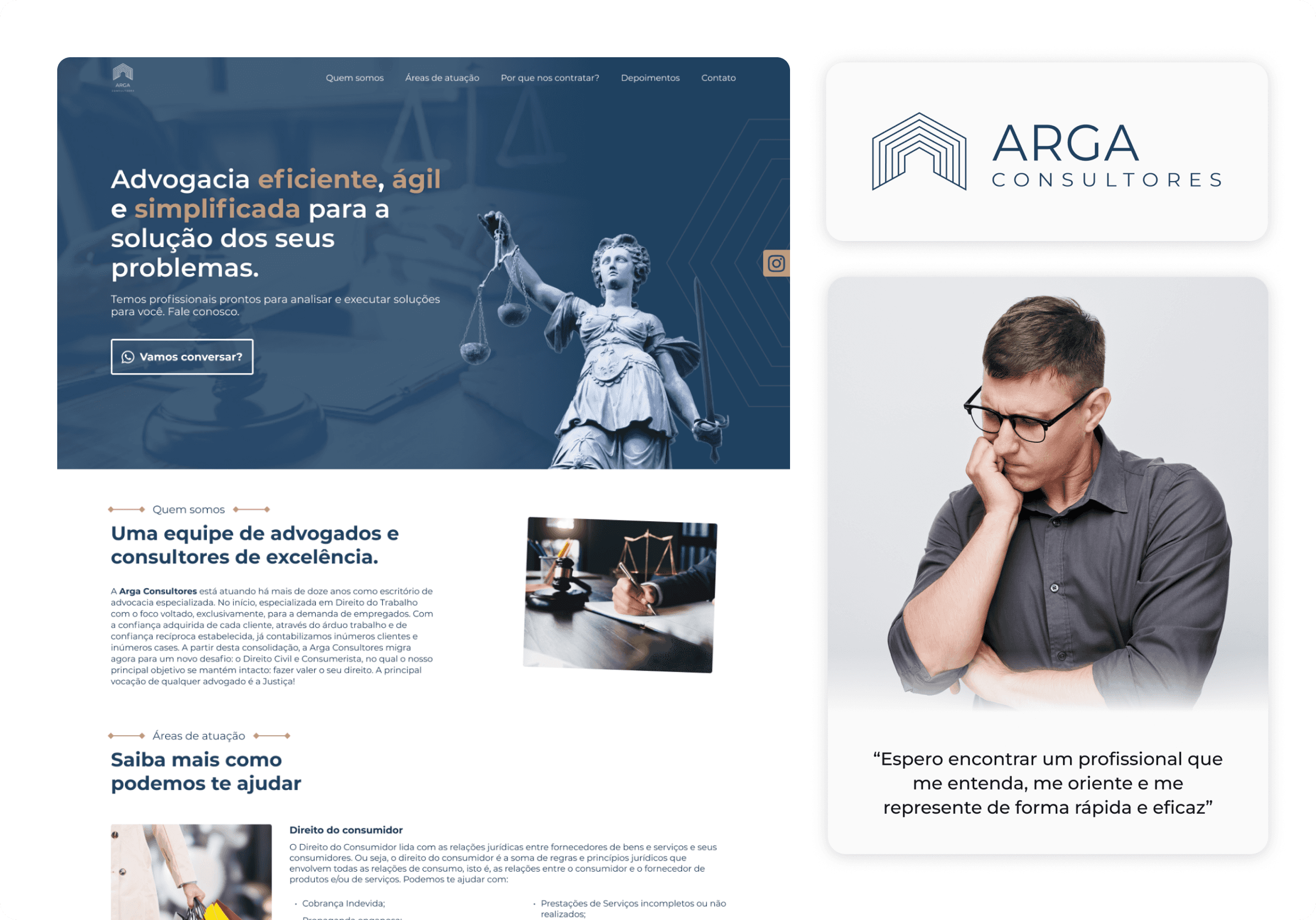 Prévia da página principal, a logomarca da empresa Arga Consultores e um homem com gesto de preocupação representando o público-alvo da empresa.