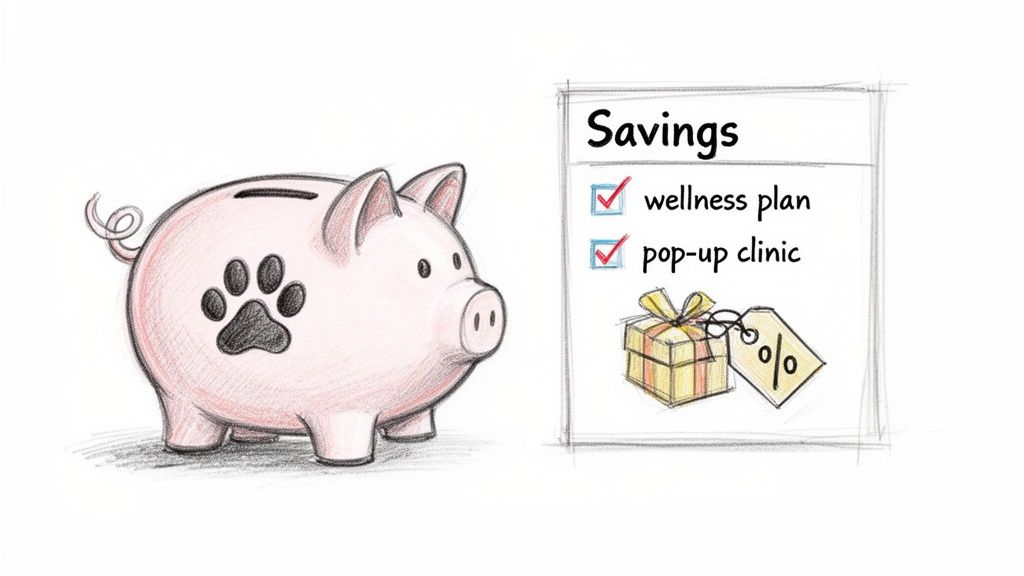 Pink piggy bank with a paw print next to a savings checklist for pet wellness and pop-up clinic.