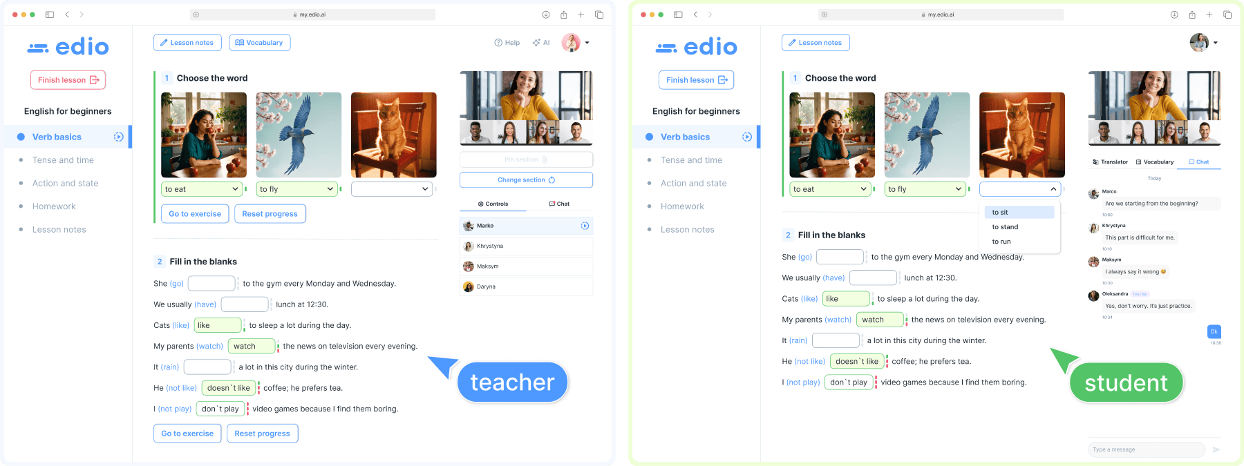Virtual classroom in edio — teacher and student view during a live online language lesson
