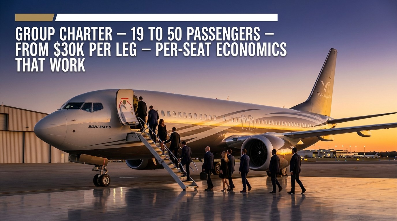 Group charter cost guide — whole-aircraft pricing for 19-50 passengers, per-seat economics, BBJ ACJ VVIP airliner and ACMI 2026 ACK
